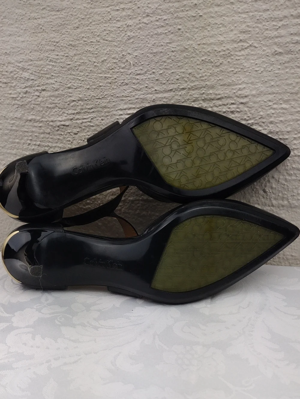 Calvin Klein Gildana Black Leather Asymmetrical Cross Strap Point Toe Heel Shoe